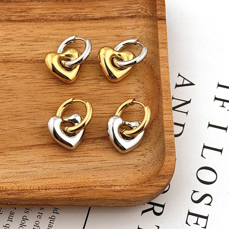 French popular niche contrast love earrings simple heart-shaped titanium steel gold personality hip-hop earrings wholesale