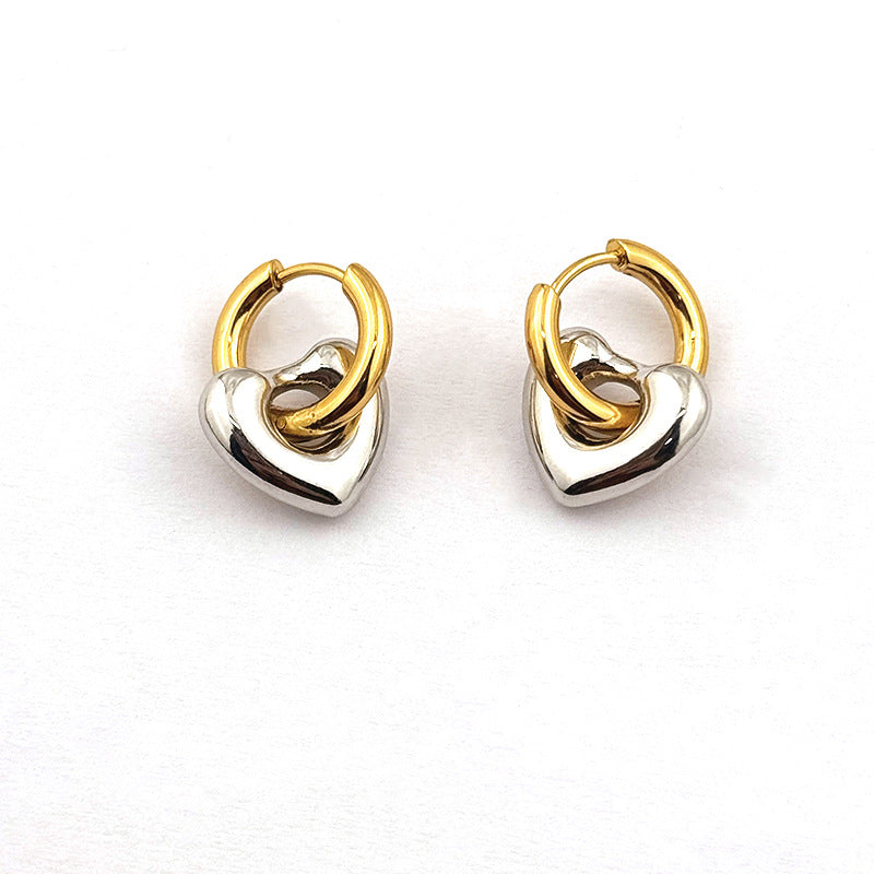 French popular niche contrast love earrings simple heart-shaped titanium steel gold personality hip-hop earrings wholesale