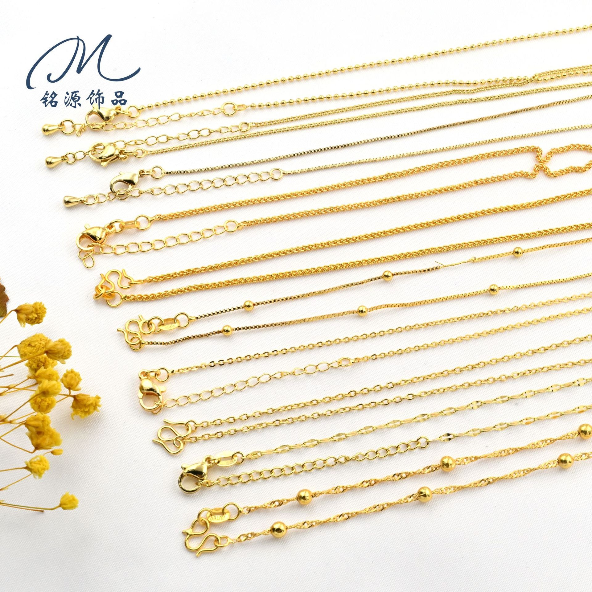 45+5cm Copper Gold-Plated Color-Retaining M Clasp Necklace with Tail Chain O-Chain Box Chain Shobang Chain DIY Jewelry Accessories