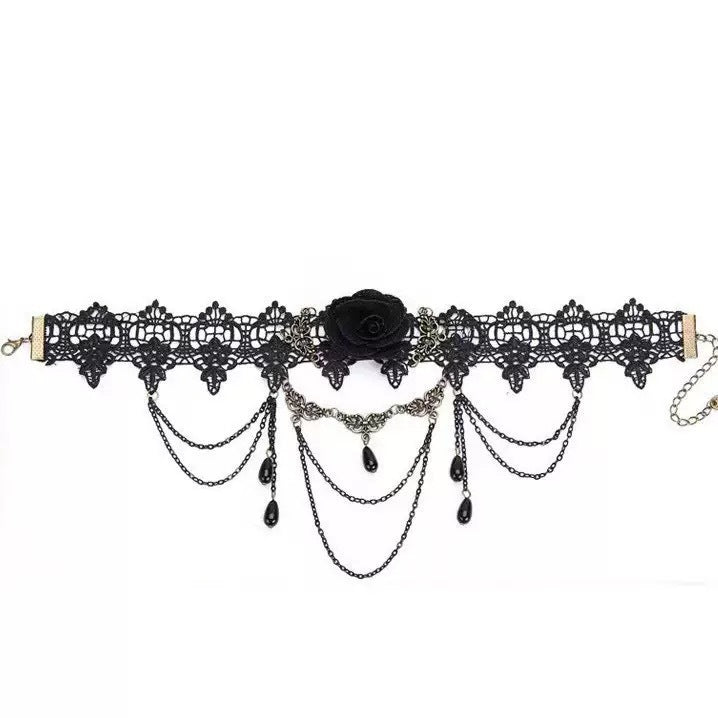 Dark Retro Black Lace Neck Necklace Women Choker Tassel Pendant Choker Halloween Accessories