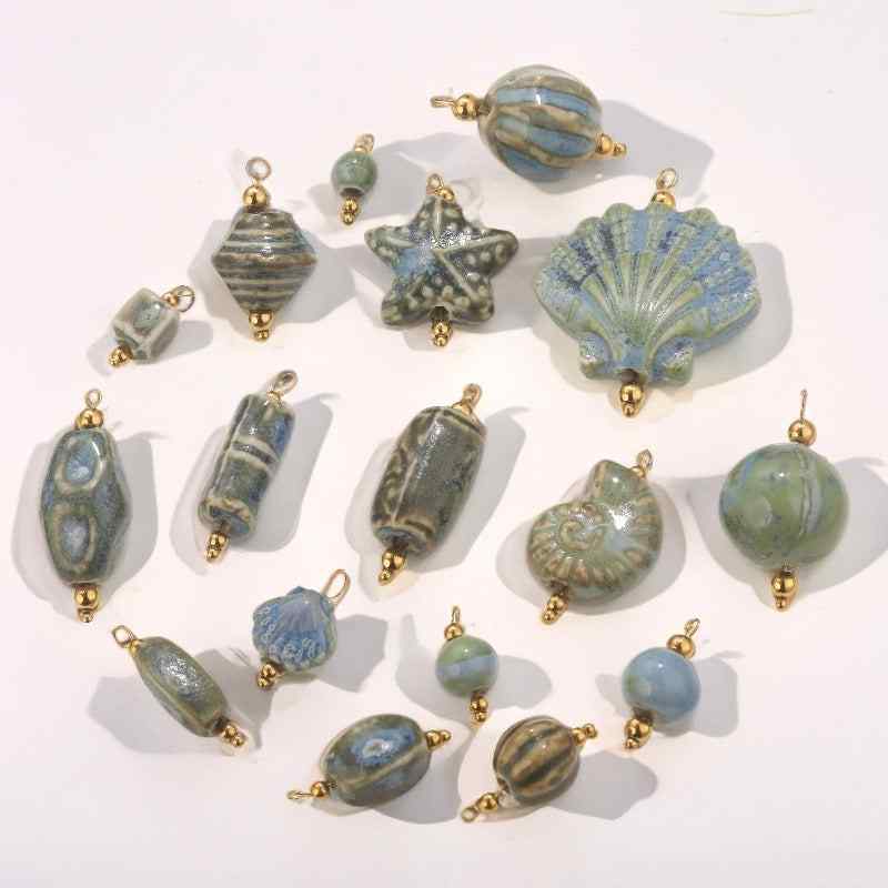 Retro Blue and White Porcelain Shell Conch Pendant Stainless Steel Handmade Curved Needle Necklace Bracelet Pendant DIY