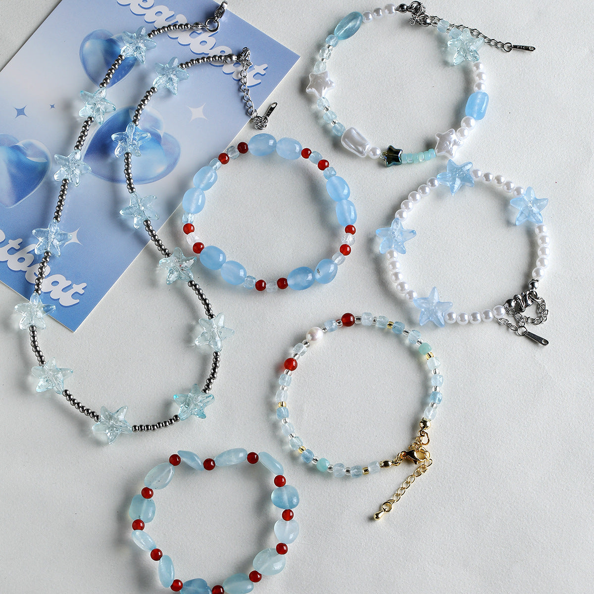 [blue ocean] natural stone aquamaric loose beads glazed starfish loose beads bracelet necklace diy accessories material