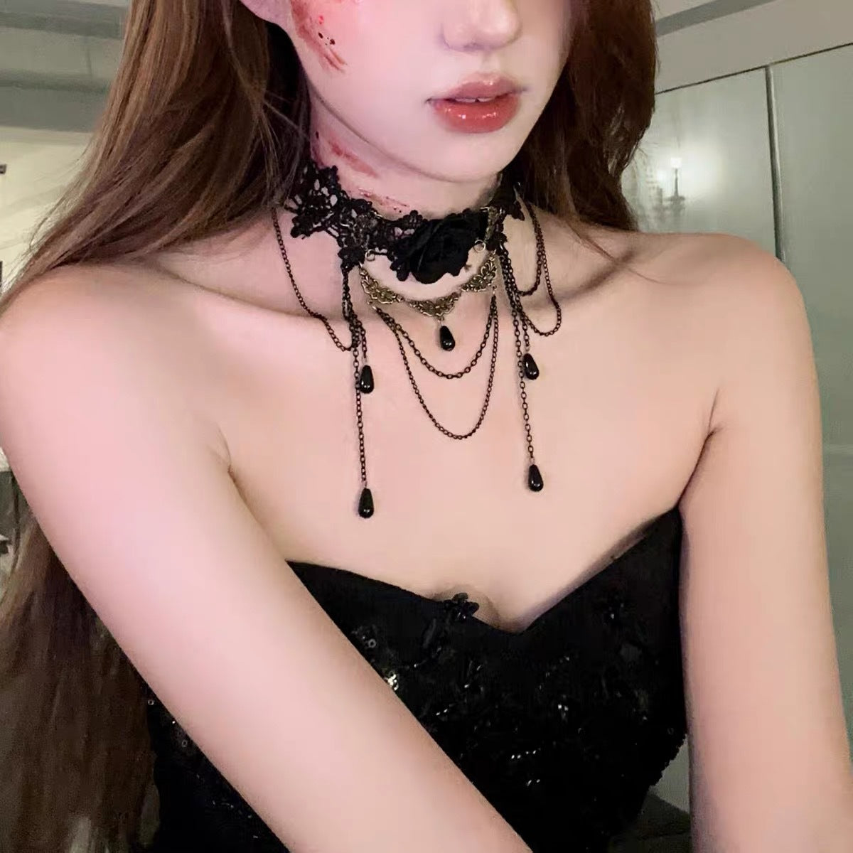 Dark Retro Black Lace Neck Necklace Women Choker Tassel Pendant Choker Halloween Accessories