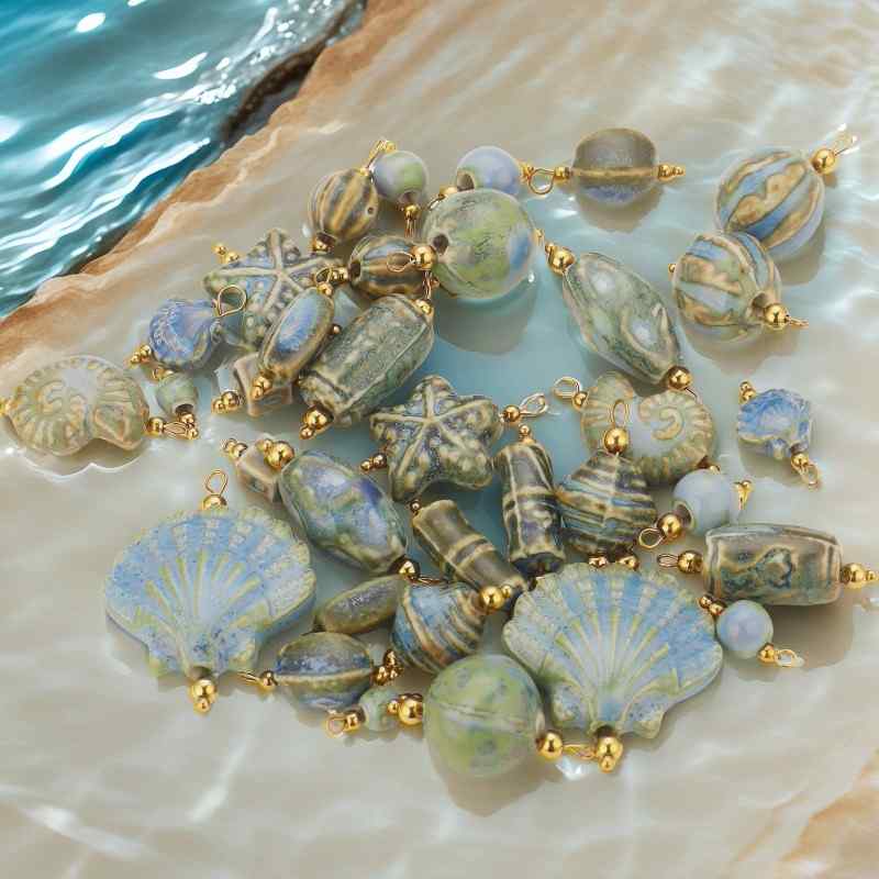 Retro Blue and White Porcelain Shell Conch Pendant Stainless Steel Handmade Curved Needle Necklace Bracelet Pendant DIY