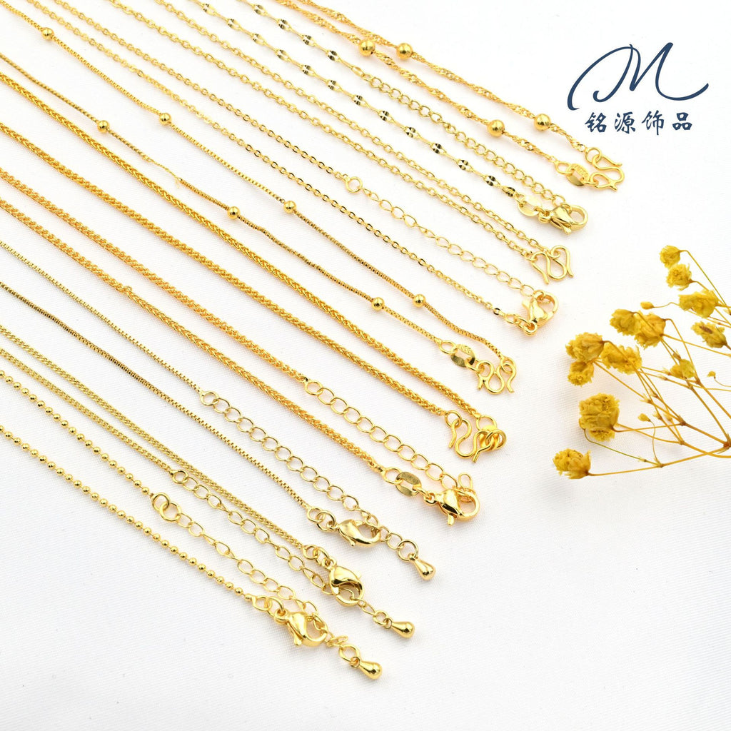 45+5cm Copper Gold-Plated Color-Retaining M Clasp Necklace with Tail Chain O-Chain Box Chain Shobang Chain DIY Jewelry Accessories