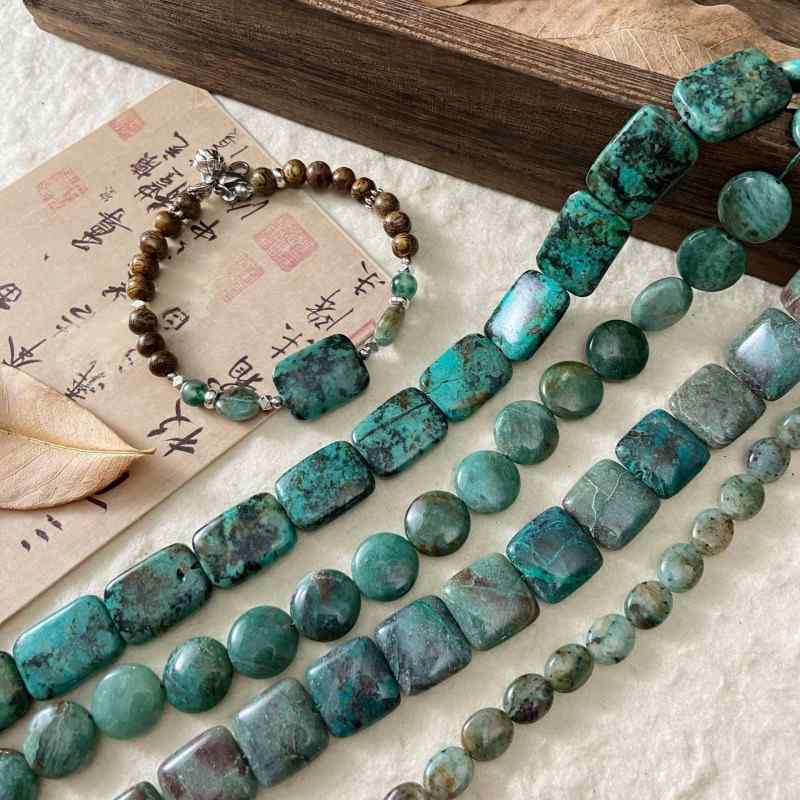 [Green Mountain Green] Turquoise Beaded Green Phosphorus Grey Round Bracelet Necklace DIY Accessories Material