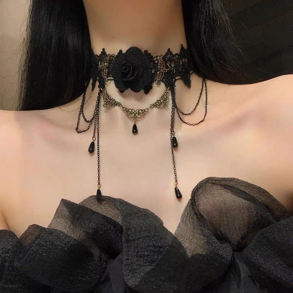 Dark Retro Black Lace Neck Necklace Women Choker Tassel Pendant Choker Halloween Accessories