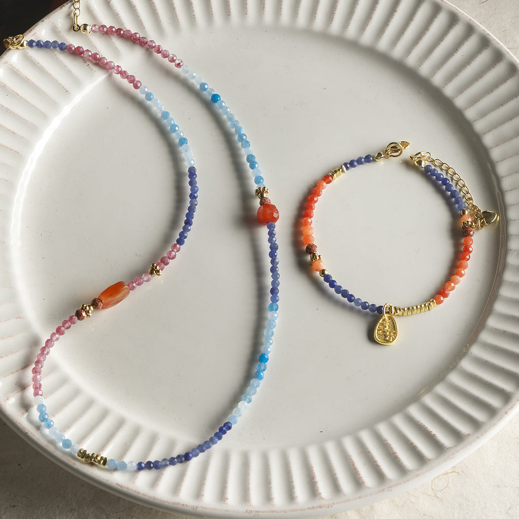 [Dunhuang] natural round cut aquamarine garnet loose beads bracelet necklace beaded diy accessories material beads