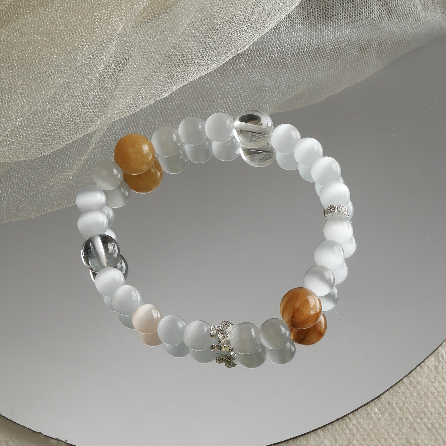 [Jingxiu] white green natural opal round beads beaded bracelet necklace loose beads diy accessories material beads