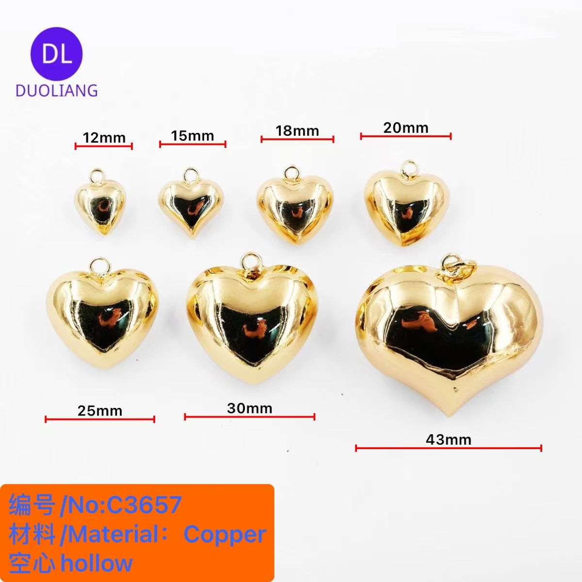 Bright Copper Plated 18K True Gold Three-Dimensional Hollow Heart Gloss Polished Simple Love Heart Pendant DIY Pendant Pendant