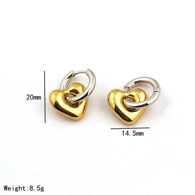 French popular niche contrast love earrings simple heart-shaped titanium steel gold personality hip-hop earrings wholesale