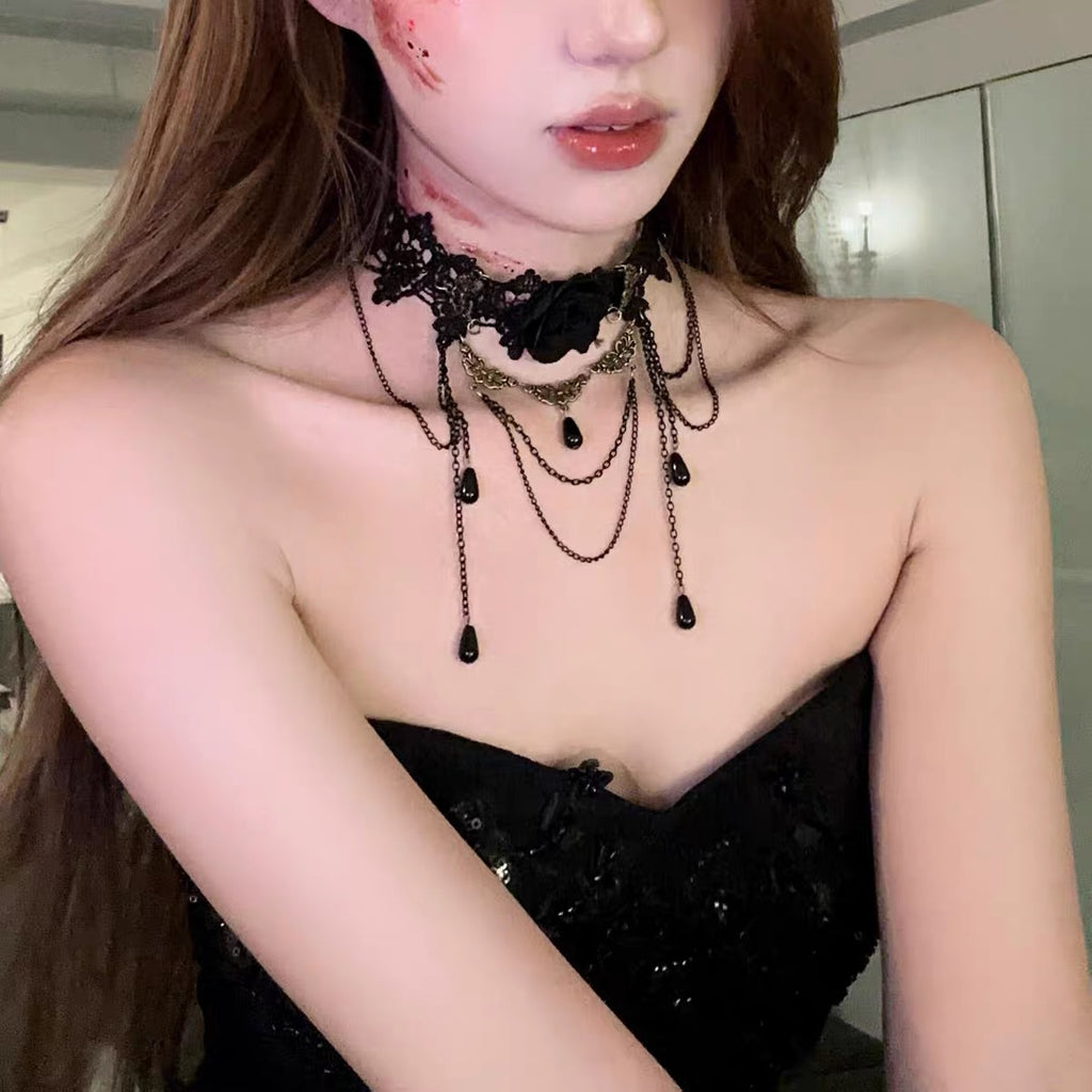 Dark Retro Black Lace Neck Necklace Women Choker Tassel Pendant Choker Halloween Accessories