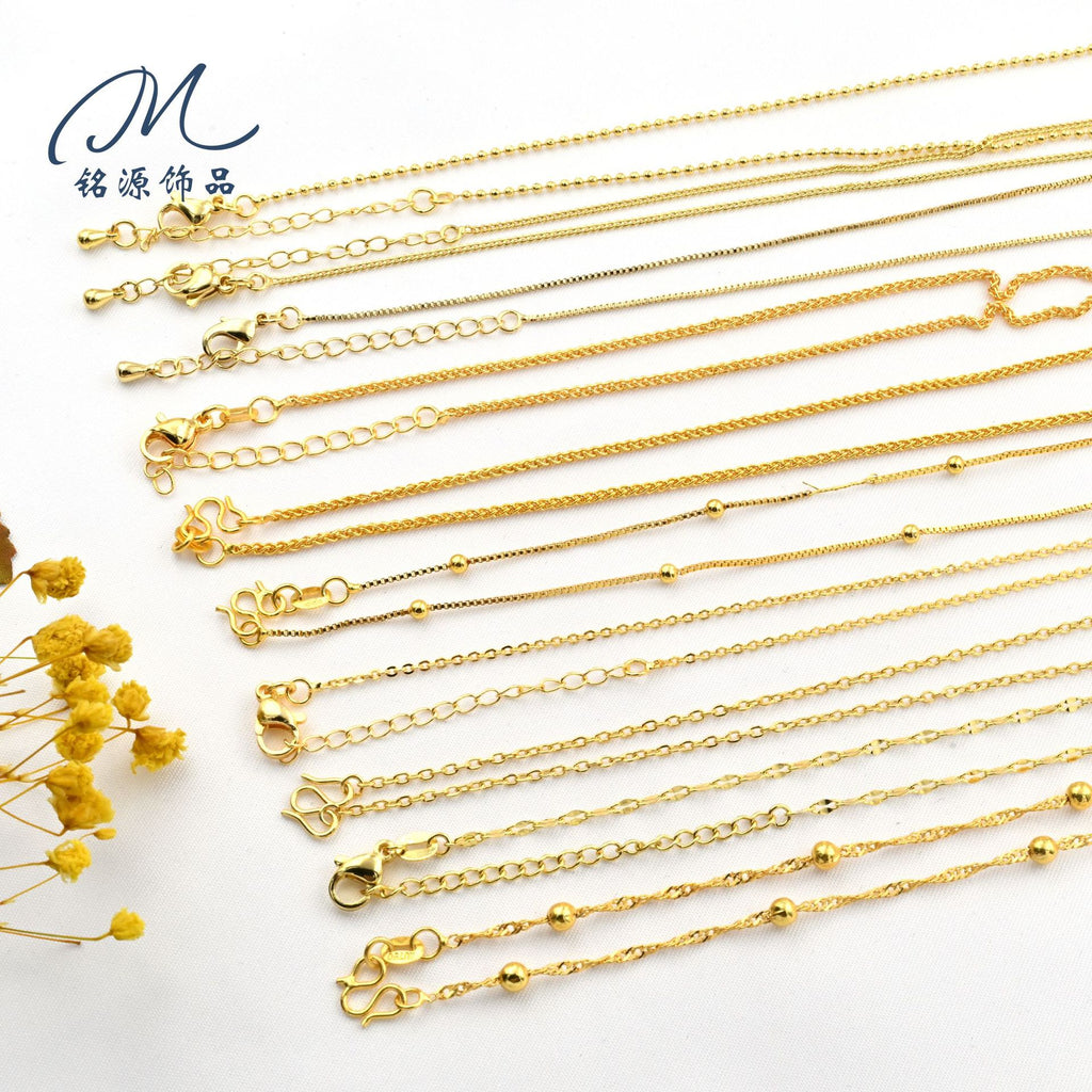 45+5cm Copper Gold-Plated Color-Retaining M Clasp Necklace with Tail Chain O-Chain Box Chain Shobang Chain DIY Jewelry Accessories