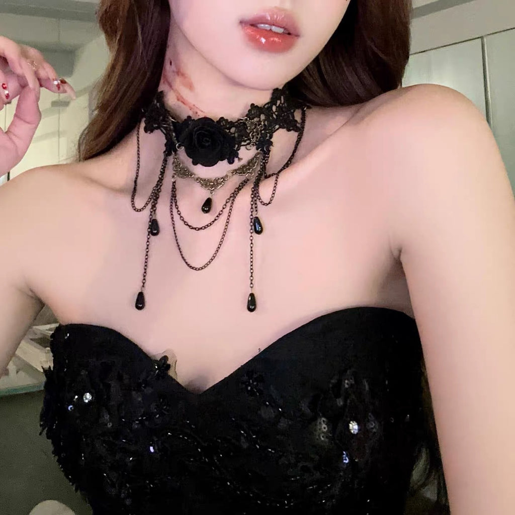 Dark Retro Black Lace Neck Necklace Women Choker Tassel Pendant Choker Halloween Accessories