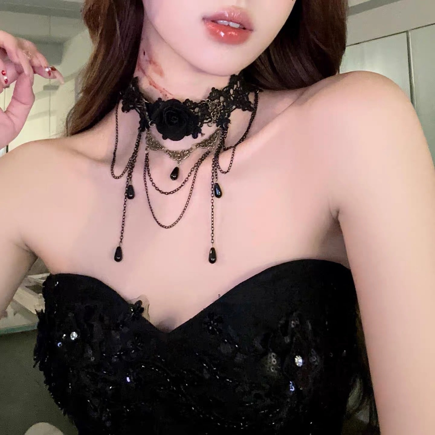 Dark Retro Black Lace Neck Necklace Women Choker Tassel Pendant Choker Halloween Accessories