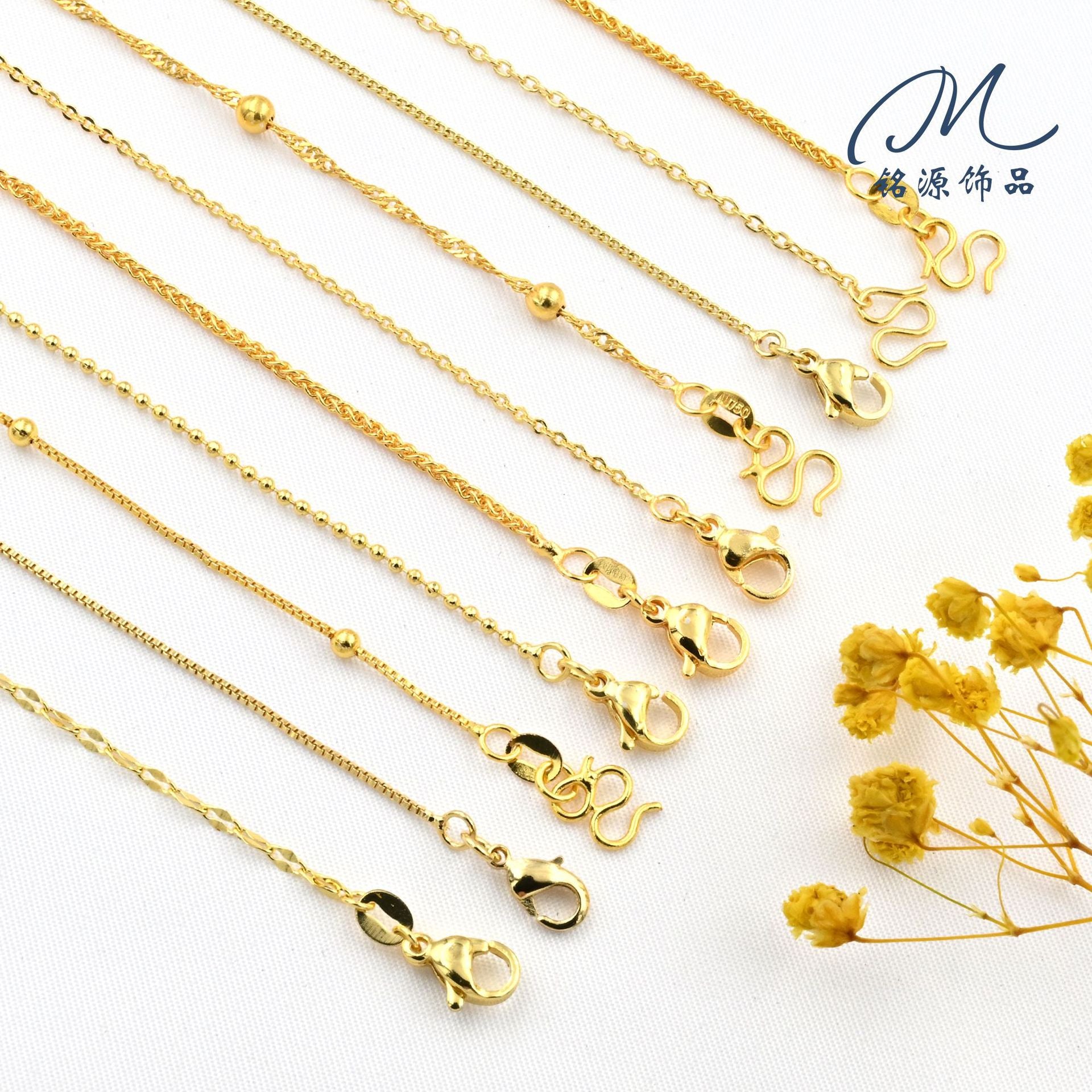 45+5cm Copper Gold-Plated Color-Retaining M Clasp Necklace with Tail Chain O-Chain Box Chain Shobang Chain DIY Jewelry Accessories