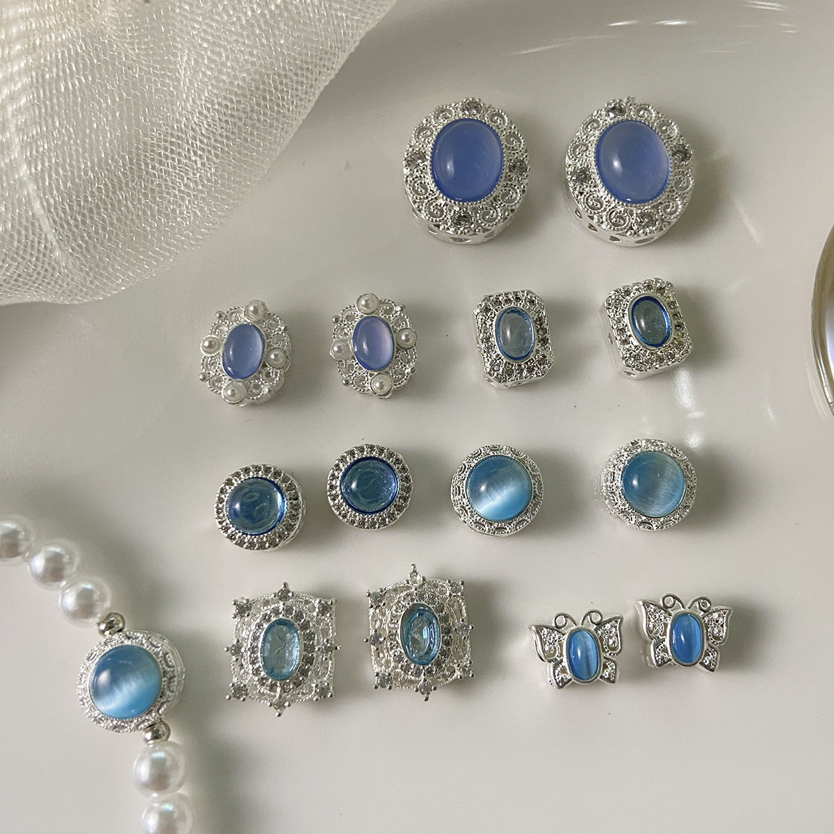 Copper silver plated opal imitation aquamarine beaded diamond pendant bracelet necklace earrings beaded diy accessories material